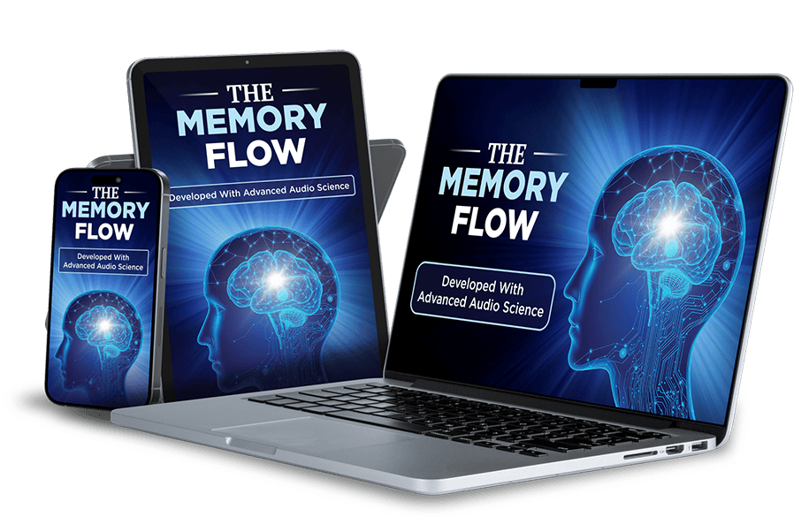 MemoryFlow audio program displayed on laptop, tablet, and phone